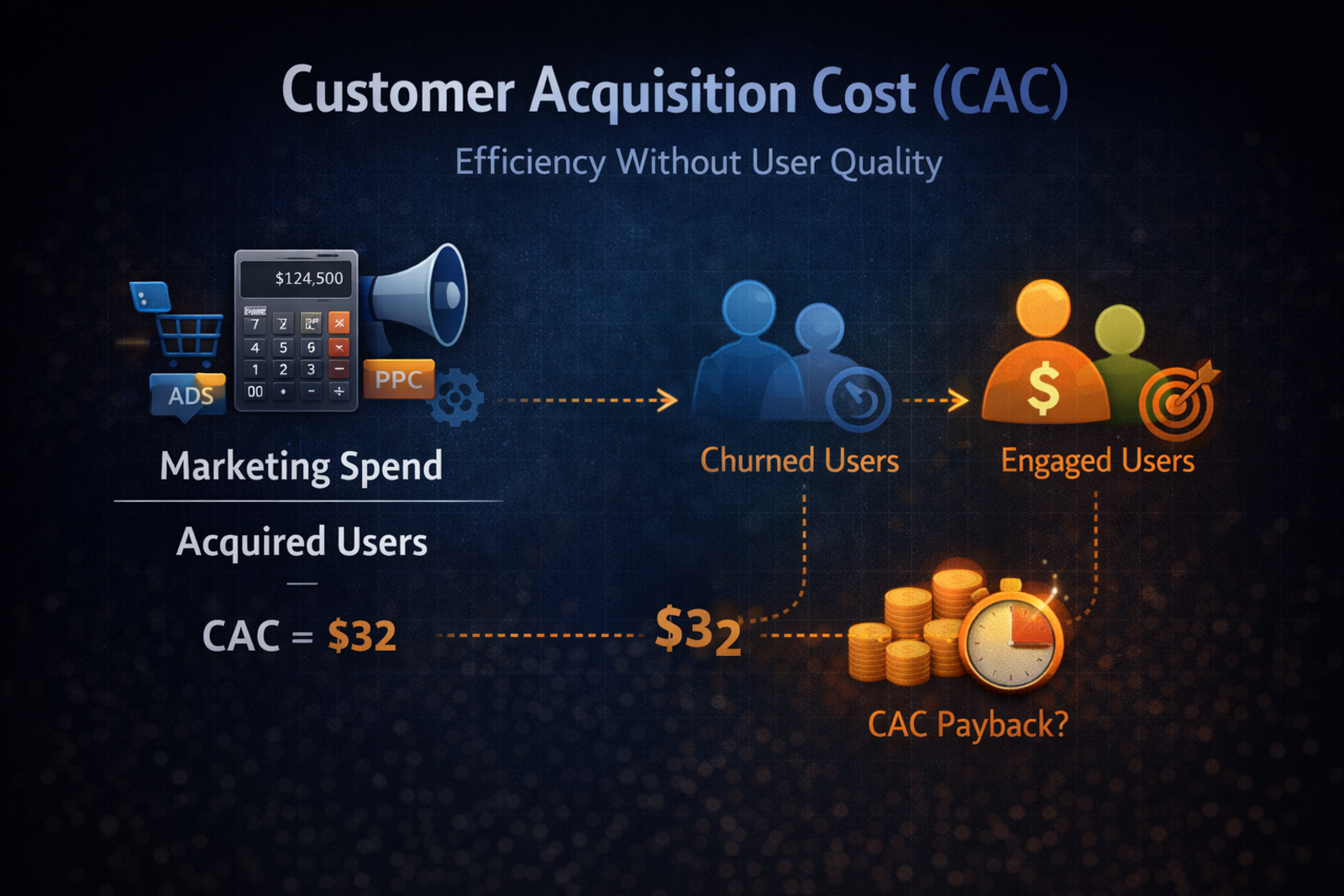 Infographic on Customer Acquisition Cost (CAC) with icons for ads and users. Text: Marketing Spend, CAC = $32, Churned vs. Engaged Users.