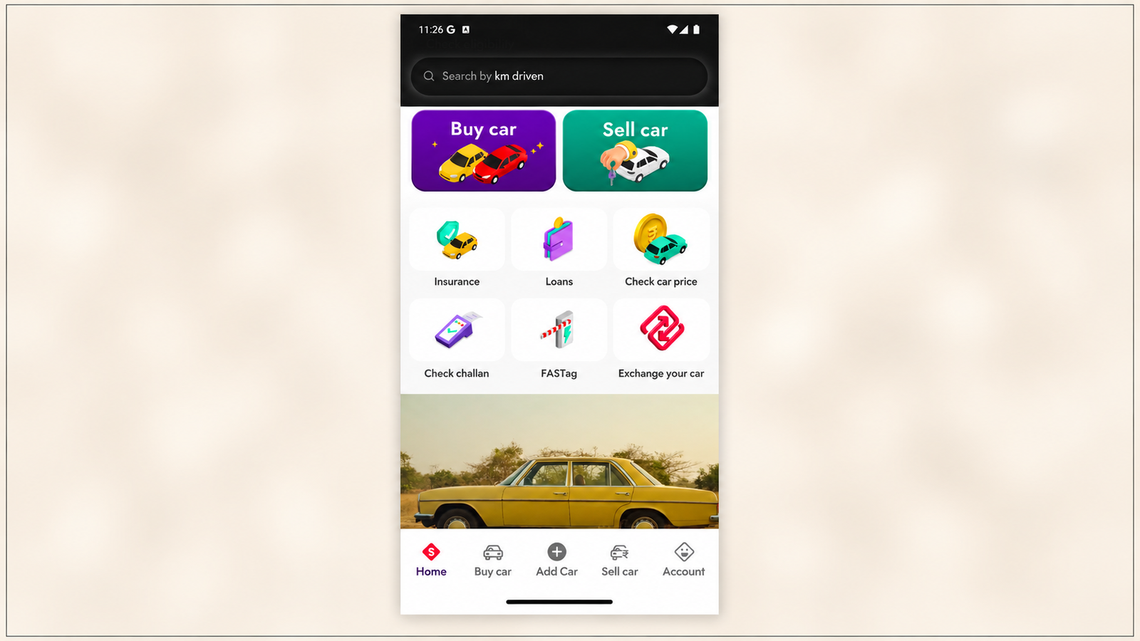Spinny app home screen showing Buy Car and Sell Car options, vehicle search by kilometers driven, insurance, loans, car price checker, FASTag, car exchange services, and bottom navigation before users begin the personalized car buying journey.