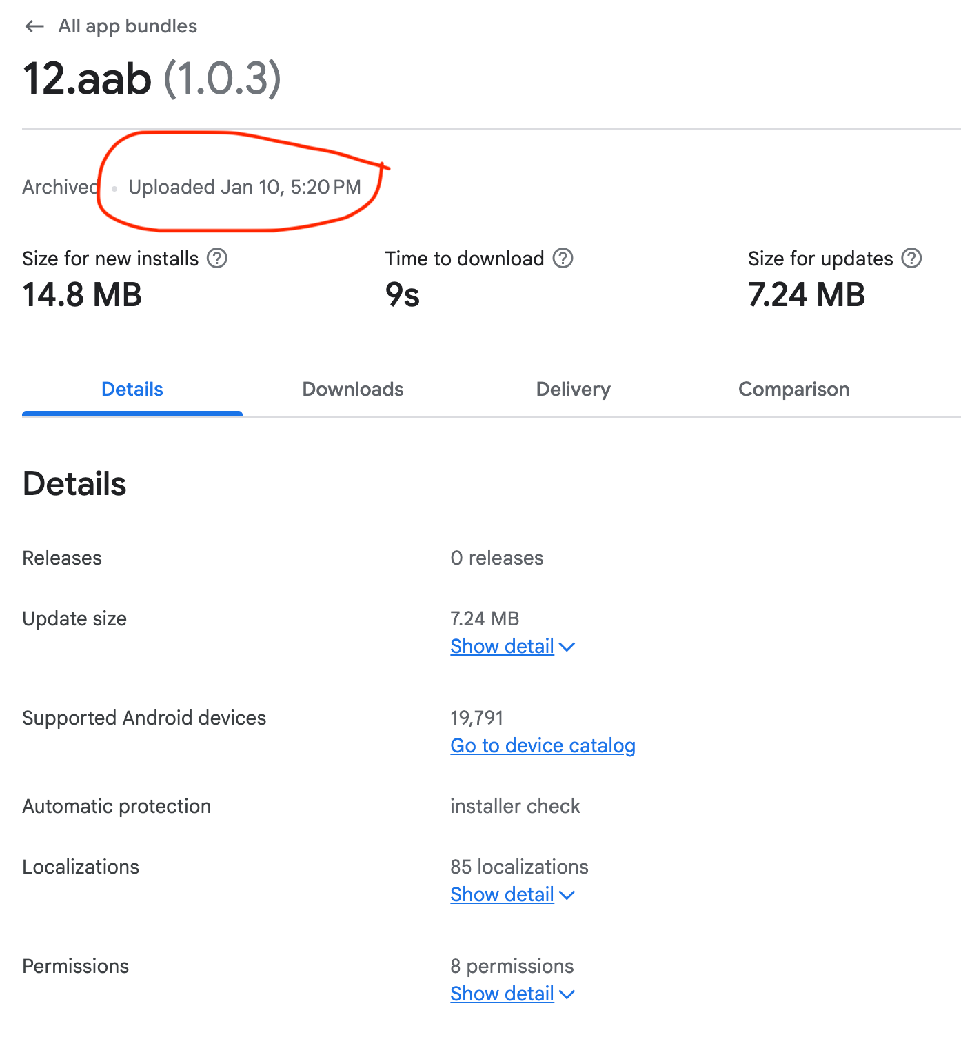 Google Play Console showing app bundle details and upload timestamp, illustrating the time cost of traditional app store submission cycles