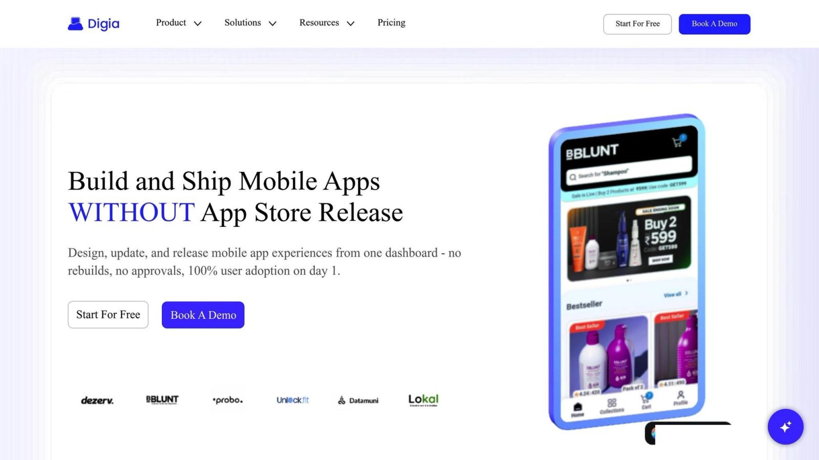 Digia homepage featuring the headline “Build and Ship Mobile Apps WITHOUT App Store Release,” with a product mockup on the right and CTA buttons for “Start For Free” and “Book A Demo.”