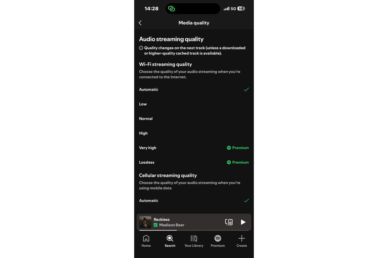 Spotify audio quality settings screen showing Very High and Lossless streaming options locked behind a Premium subscription.