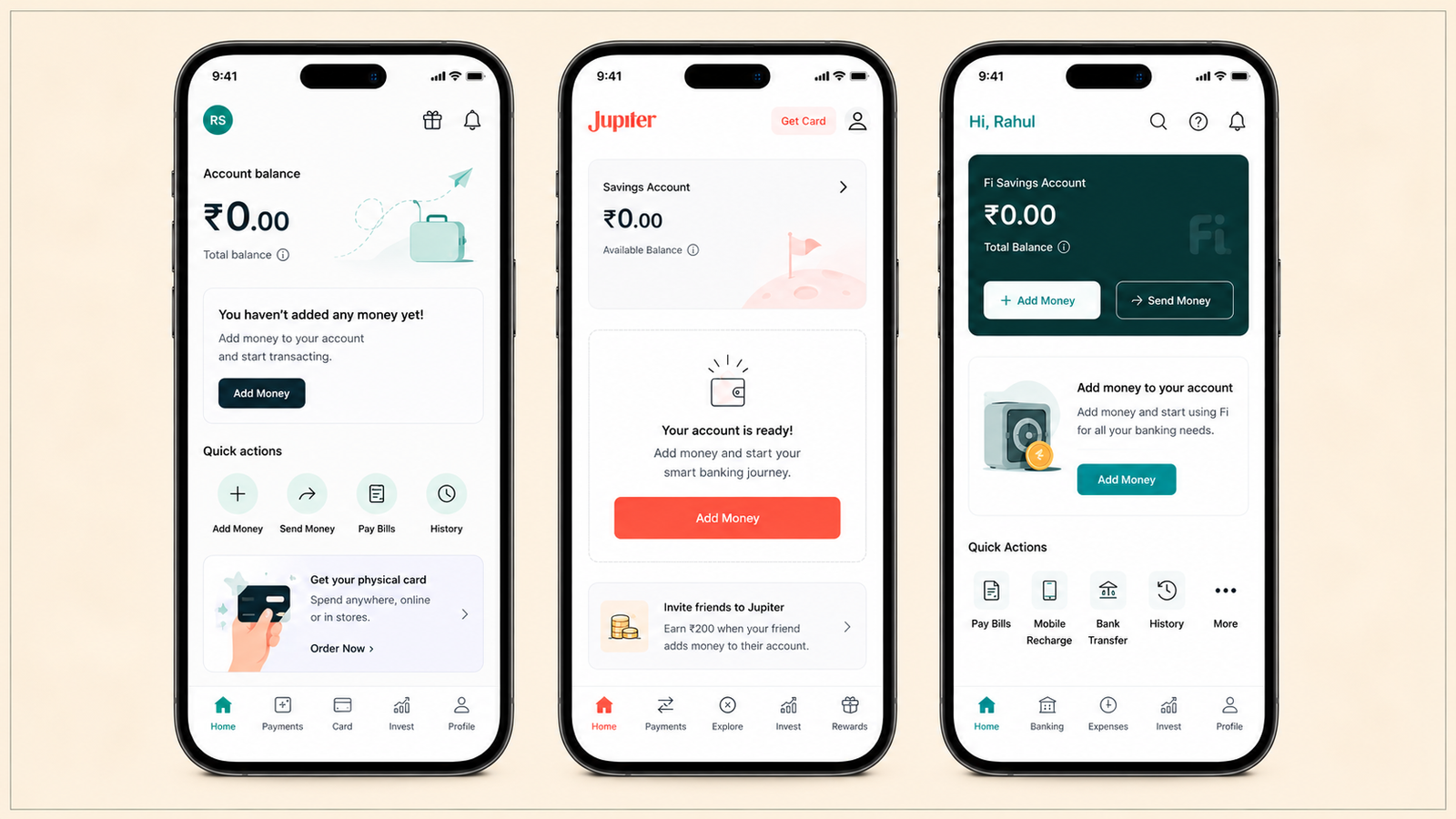 A comparison of three digital banking home screens from modern fintech apps, each encouraging users to fund a newly created account. All three interfaces prominently display a ₹0.00 account balance with clear Add Money call-to-action buttons, quick-access banking features, and simplified navigation. The screens demonstrate a common onboarding pattern where users are immediately prompted to deposit funds after account creation, reducing friction and guiding them toward their first meaningful transaction.