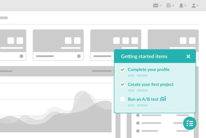 Dashboard interface with a pop-up titled "Getting started items" listing tasks: complete profile, create project, run A/B test. Graphs in background.
