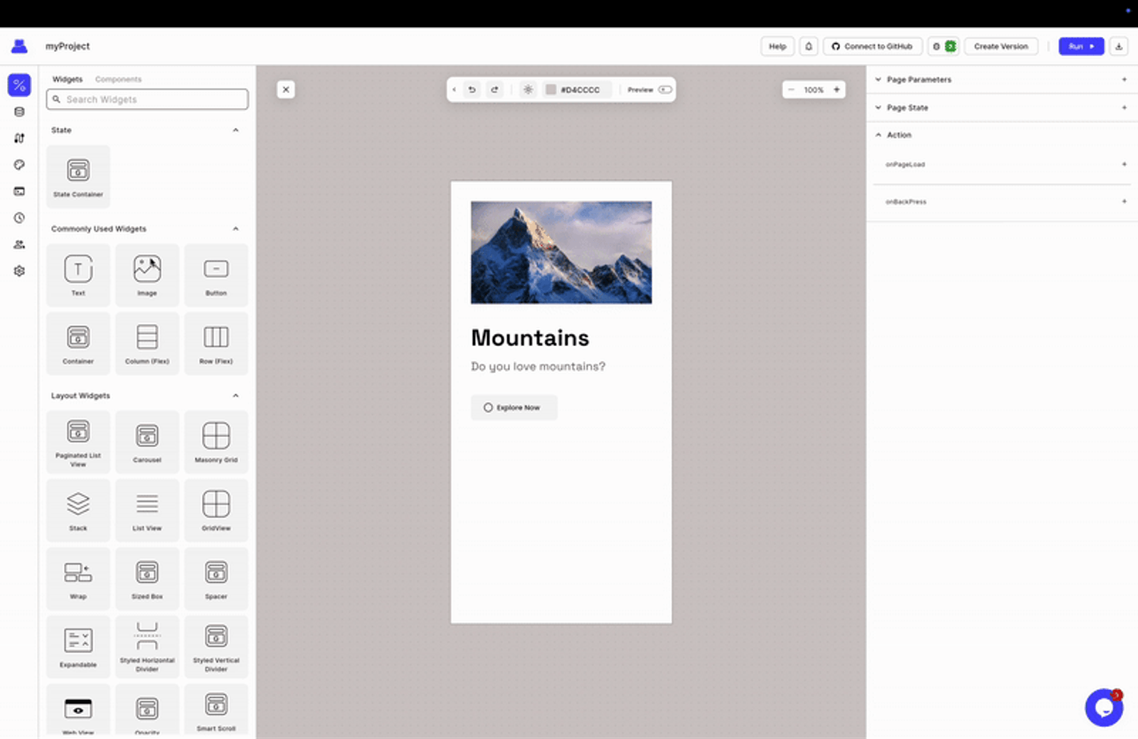 App builder interface displaying a mobile layout with a mountain image, headline “Mountains,” supporting text, and a button, alongside side panels for widgets and page settings.