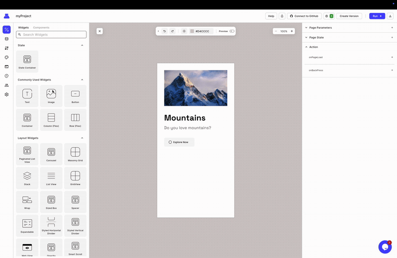 App builder interface displaying a mobile layout with a mountain image, headline “Mountains,” supporting text, and a button, alongside side panels for widgets and page settings.