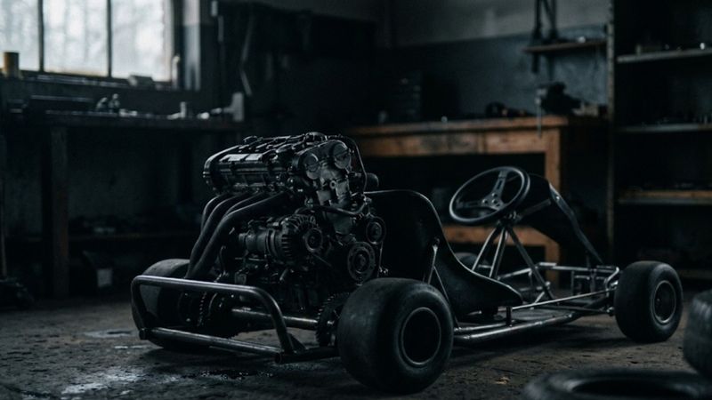 Bare go-kart chassis with an exposed engine in a dimly lit workshop, illustrating a modular mechanical foundation before the bodywork is added.