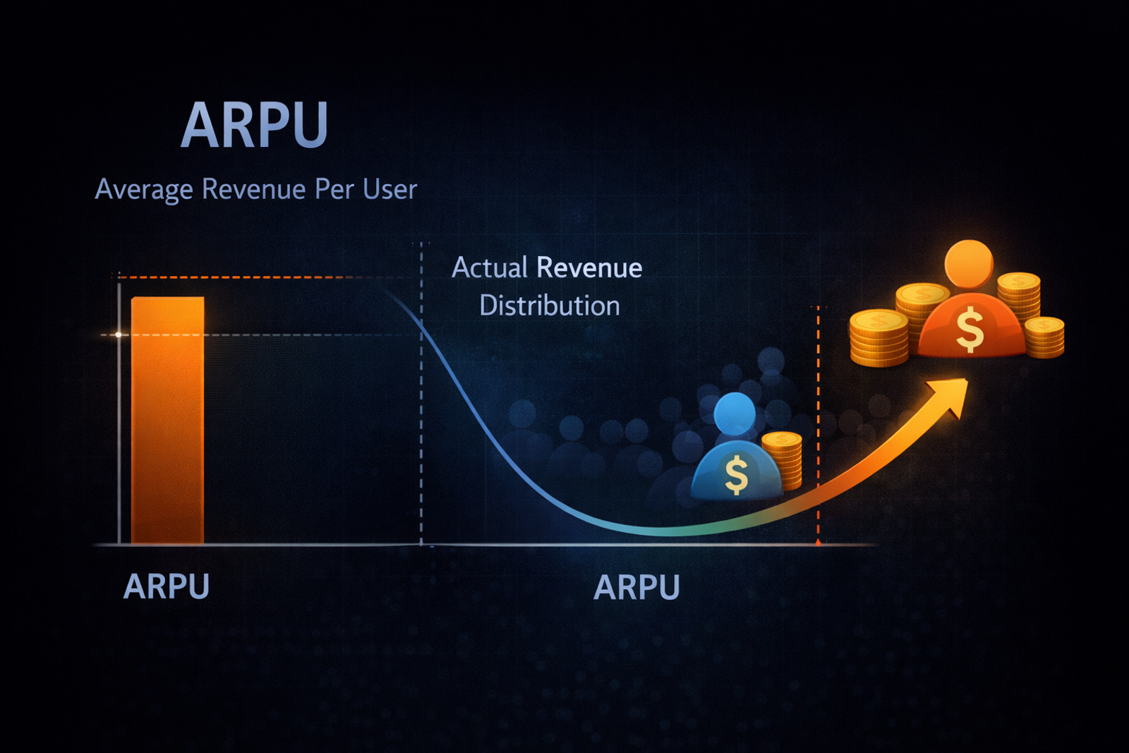 Graph illustrating ARPU with an orange bar, a curved line showing revenue distribution, and blue and orange icons with dollar signs and coins.