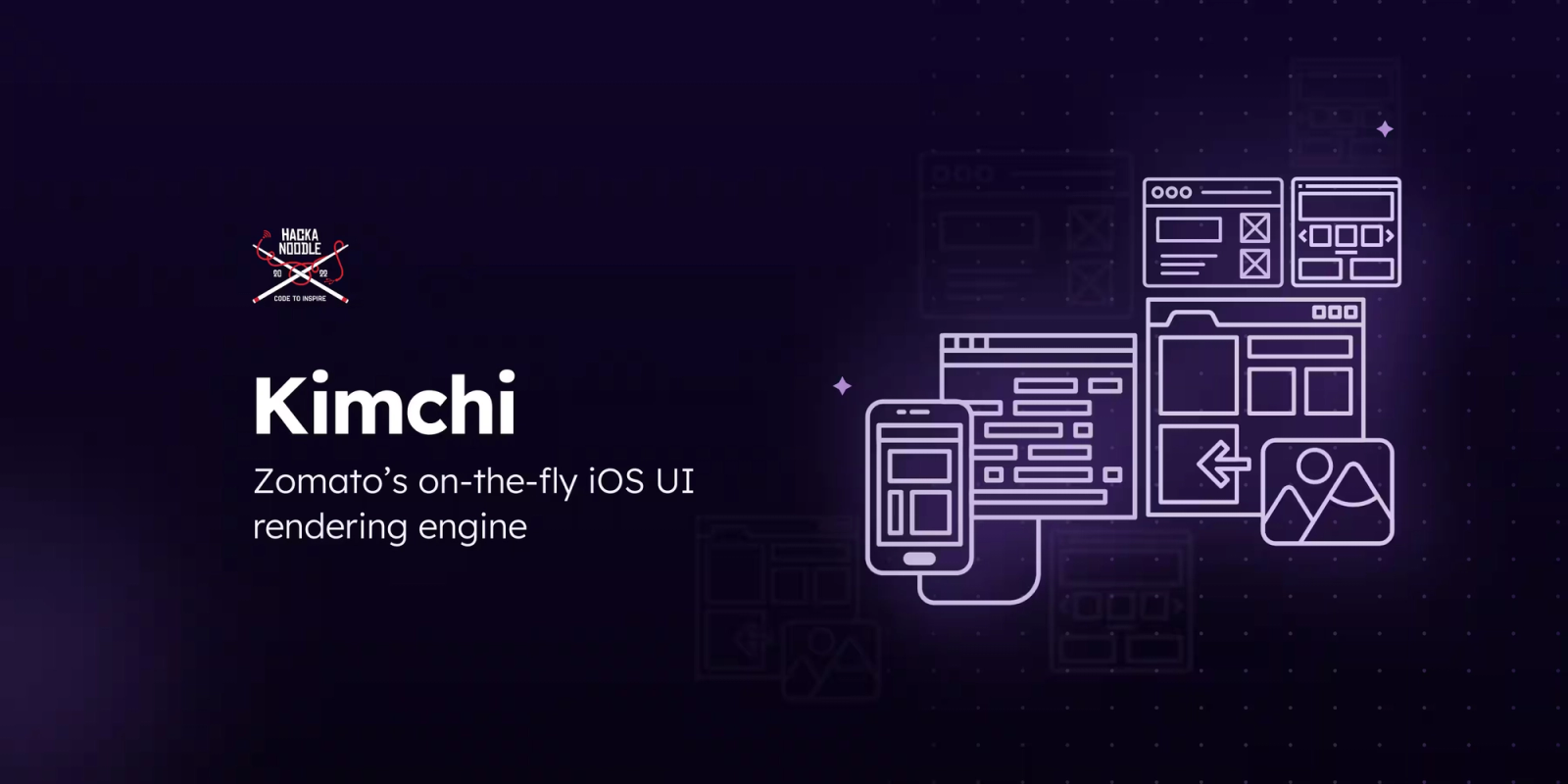 Promotional graphic for Kimchi, Zomato's server-driven UI rendering engine, featuring interface wireframes across mobile and web screens to illustrate dynamic UI generation and real-time design updates.