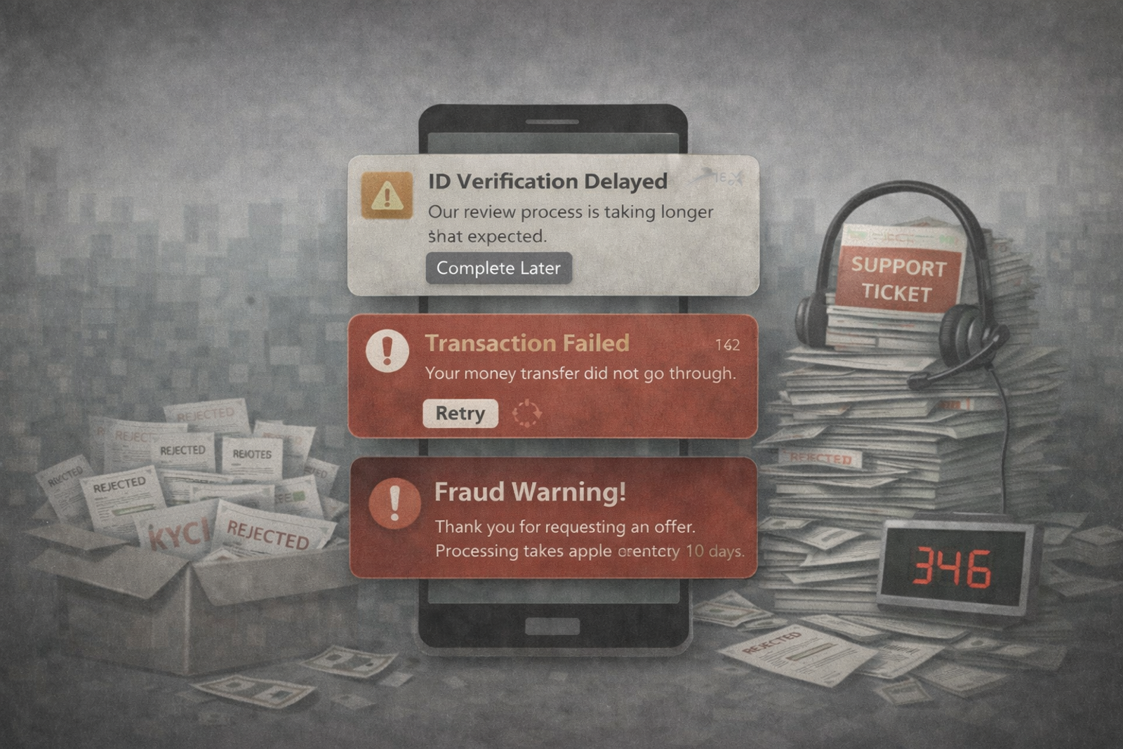Phone screen with alerts: "ID Verification Delayed," "Transaction Failed," "Fraud Warning." Piles of paperwork, headset, and digital counter read "346."