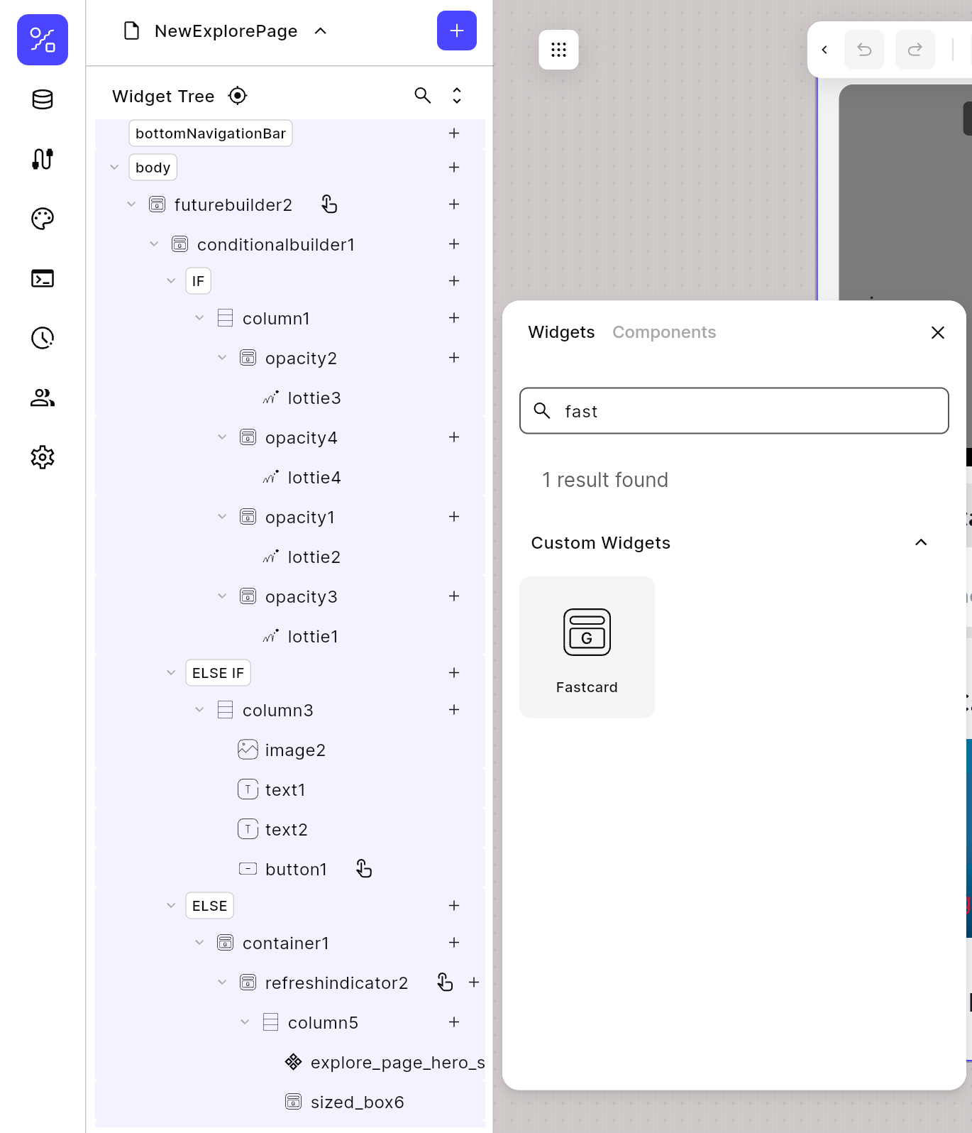 UI builder sidebar showing a conditional widget structure with IF and ELSE IF blocks, nested columns, opacity layers, and Lottie animations, alongside a widget search panel displaying a custom widget named “Fastcard.”