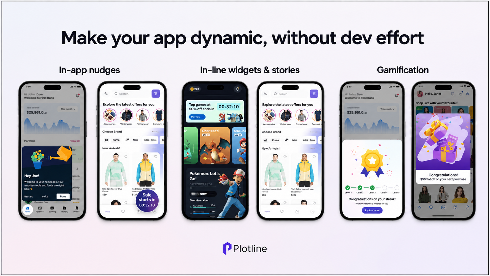 Plotline app engagement platform showcasing in-app nudges, inline widgets and stories, and gamification features across mobile app interfaces.