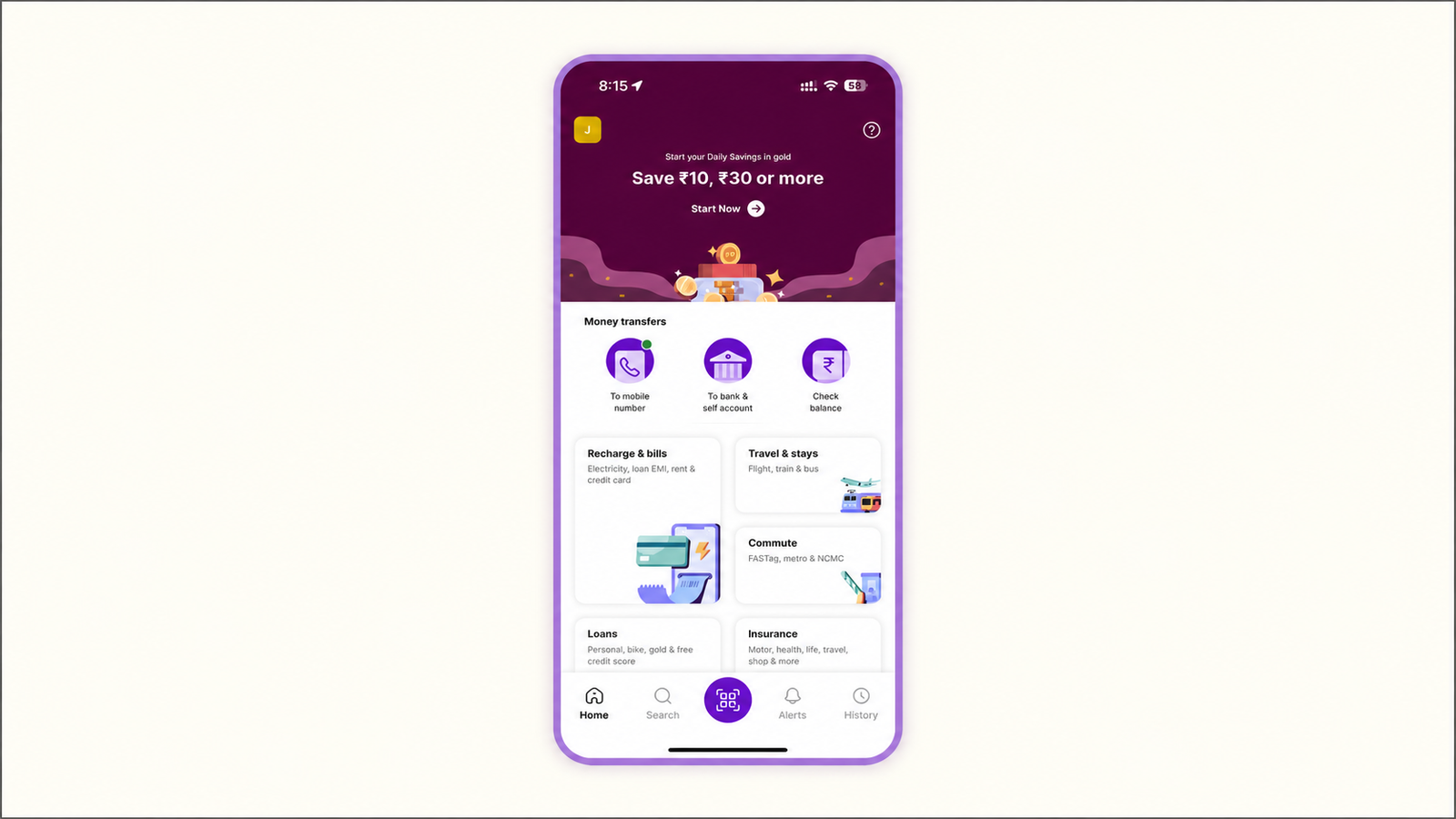 Mobile payment app home screen showing a “Save ₹10, ₹30 or more” gold savings banner, money transfer options, and service categories including Recharge & bills, Travel & stays, Commute, Loans, and Insurance.