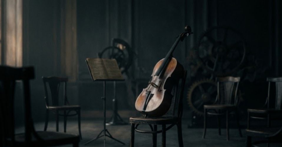 A minimalist and moody, wide-angle conceptual photograph of an empty orchestra stage in a dark, atmospheric room. In the center, a single cello rests on a vintage wooden chair, softly illuminated by dim, warm amber light. In the shadowed background, blurred silhouettes of empty chairs, a music stand, and large, intricate clockwork gears are visible. The image features a heavy, cinematic film grain and a soft-focus editorial look with deep charcoal and midnight blue tones.