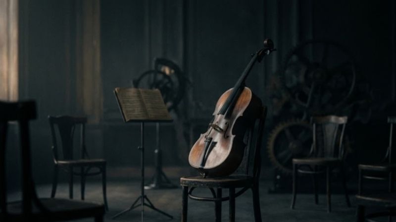 A minimalist and moody, wide-angle conceptual photograph of an empty orchestra stage in a dark, atmospheric room. In the center, a single cello rests on a vintage wooden chair, softly illuminated by dim, warm amber light. In the shadowed background, blurred silhouettes of empty chairs, a music stand, and large, intricate clockwork gears are visible. The image features a heavy, cinematic film grain and a soft-focus editorial look with deep charcoal and midnight blue tones.