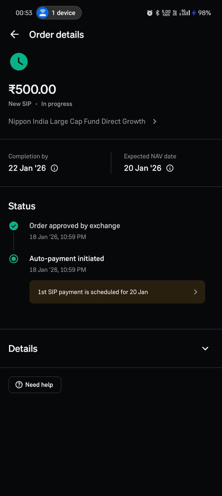 Order details screen showing ₹500 SIP in progress for Nippon India Fund. Status: Approved, auto-payment set for Jan 20.