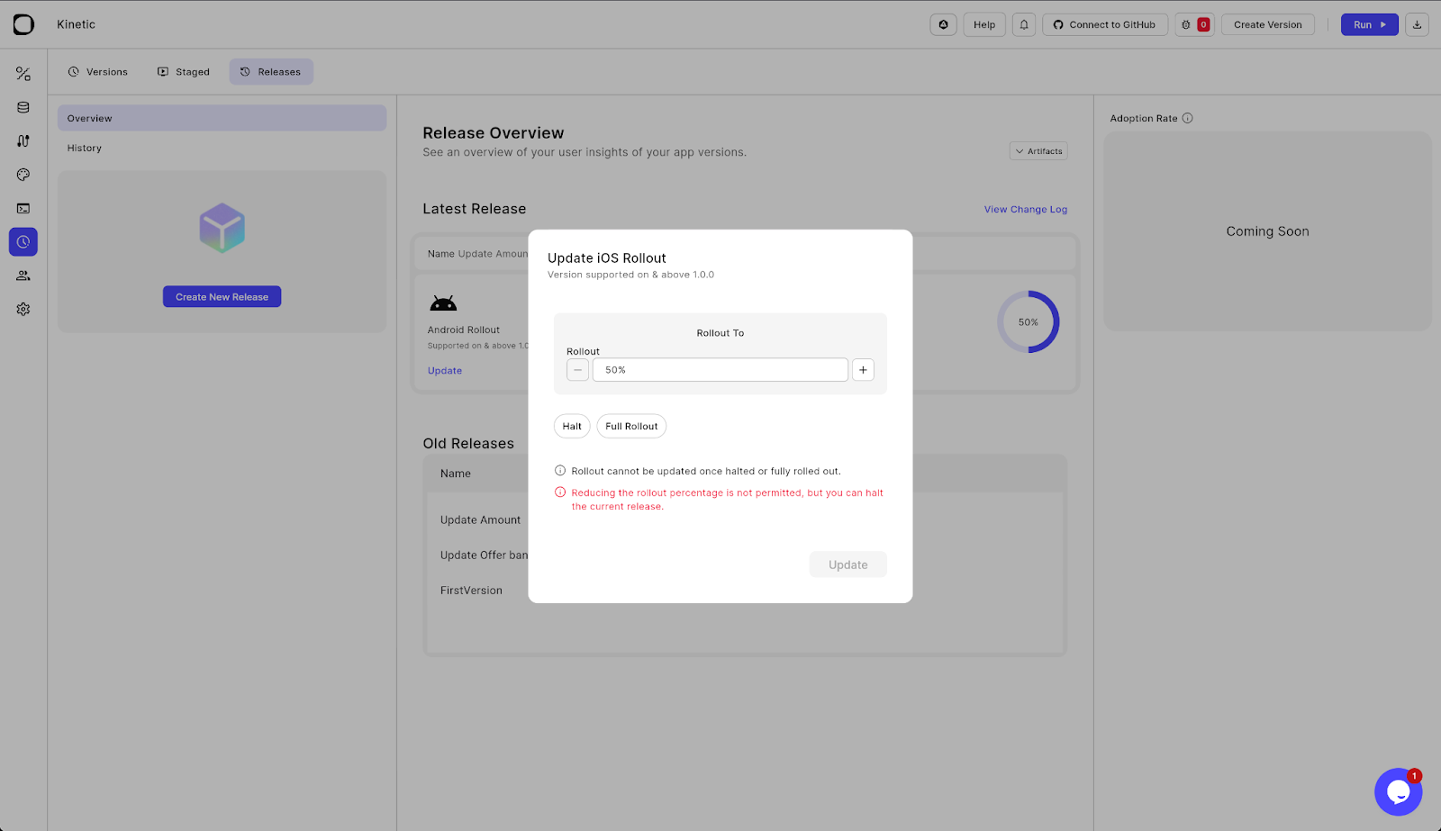 Digia Studio release overview screen showing an OTA update modal, demonstrating how server-driven UI enables over-the-air releases without app store submission