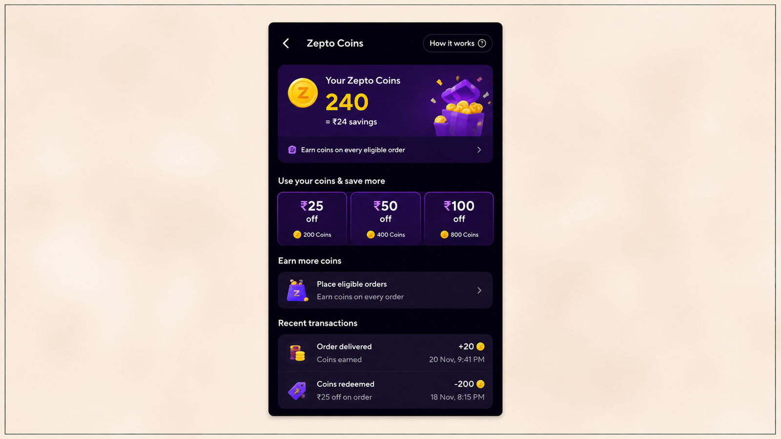 A mobile app order confirmation screen featuring a "Scratch & Win" reward card immediately after purchase. The interface displays an order confirmation message, delivery details, and a gold scratch card inviting users to reveal a surprise reward. The design highlights a post-purchase engagement mechanic that encourages repeat orders through gamified, variable rewards.