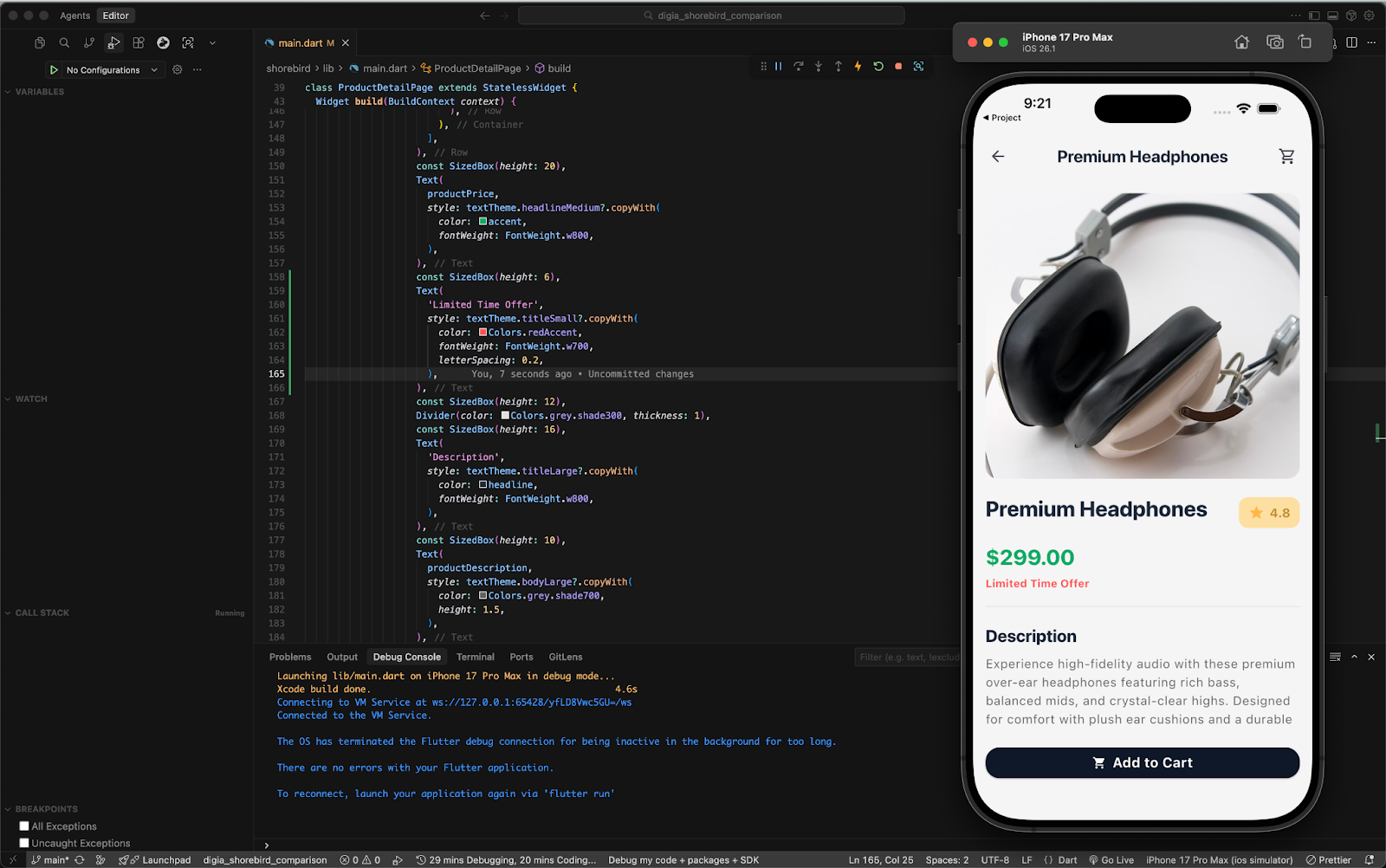 Shorebird code push interface showing JSON configuration alongside a mobile app preview, demonstrating over-the-air updates without app store submission