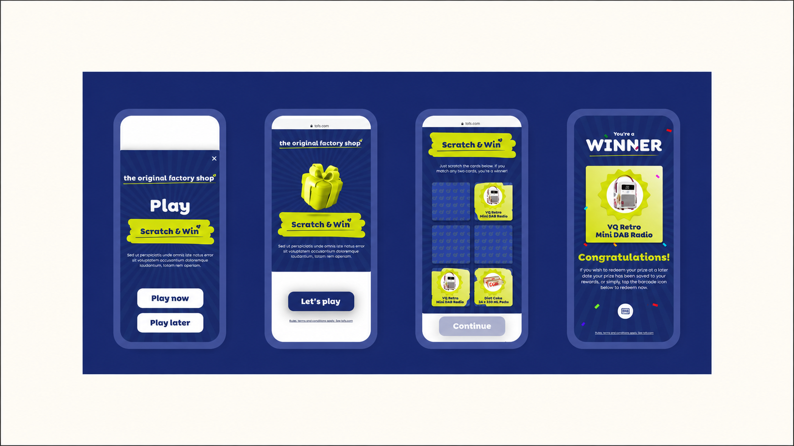Four mobile screens showing a “Scratch & Win” promotional experience for The Original Factory Shop, progressing from the Play prompt to the Scratch & Win game, prize reveal, and a Winner confirmation screen featuring a VQ Retro Mini DAB Radio.