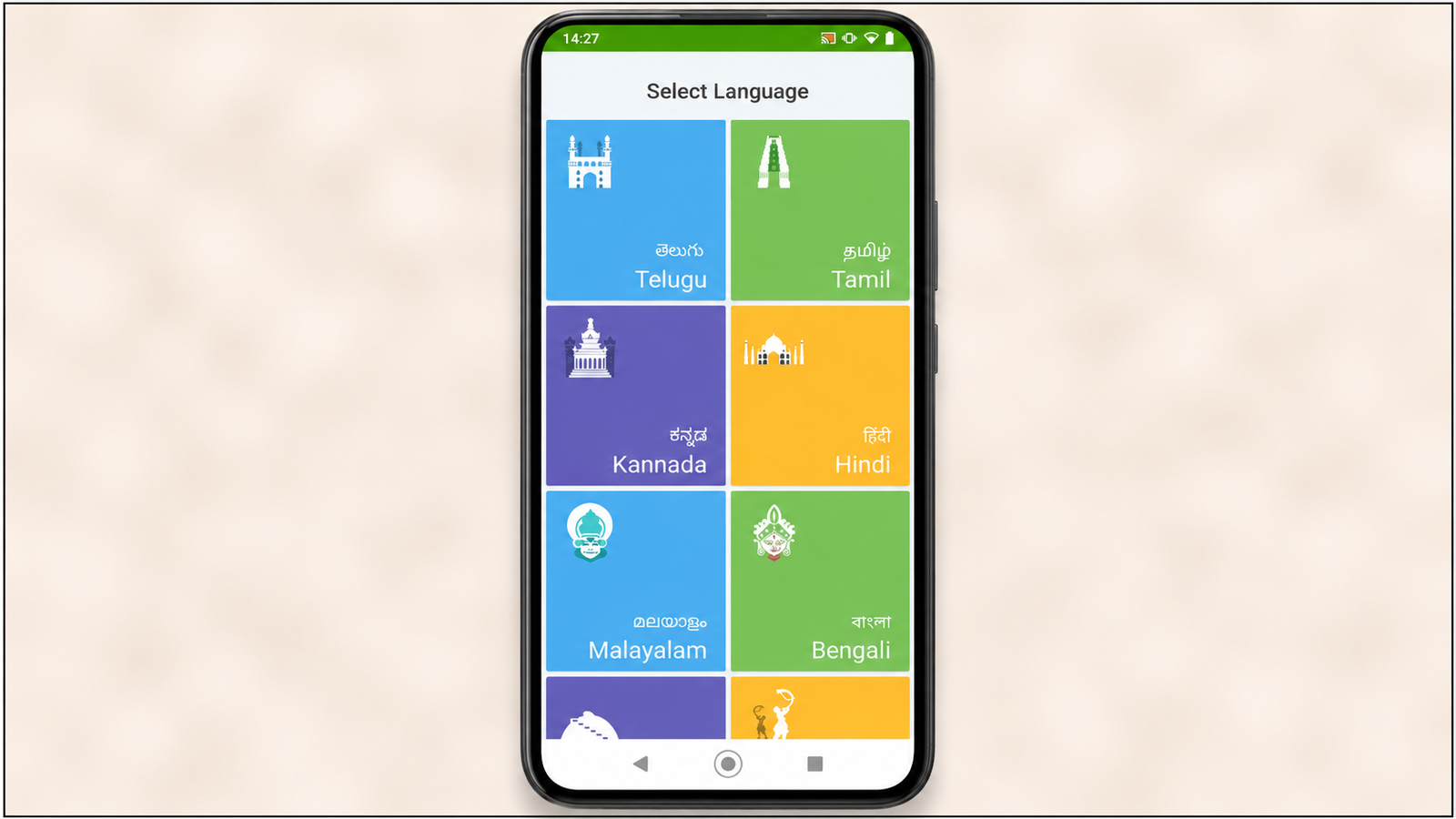 Android language selection screen displaying Telugu, Tamil, Kannada, Hindi, Malayalam, and Bengali language options in a colorful two-column mobile app interface.