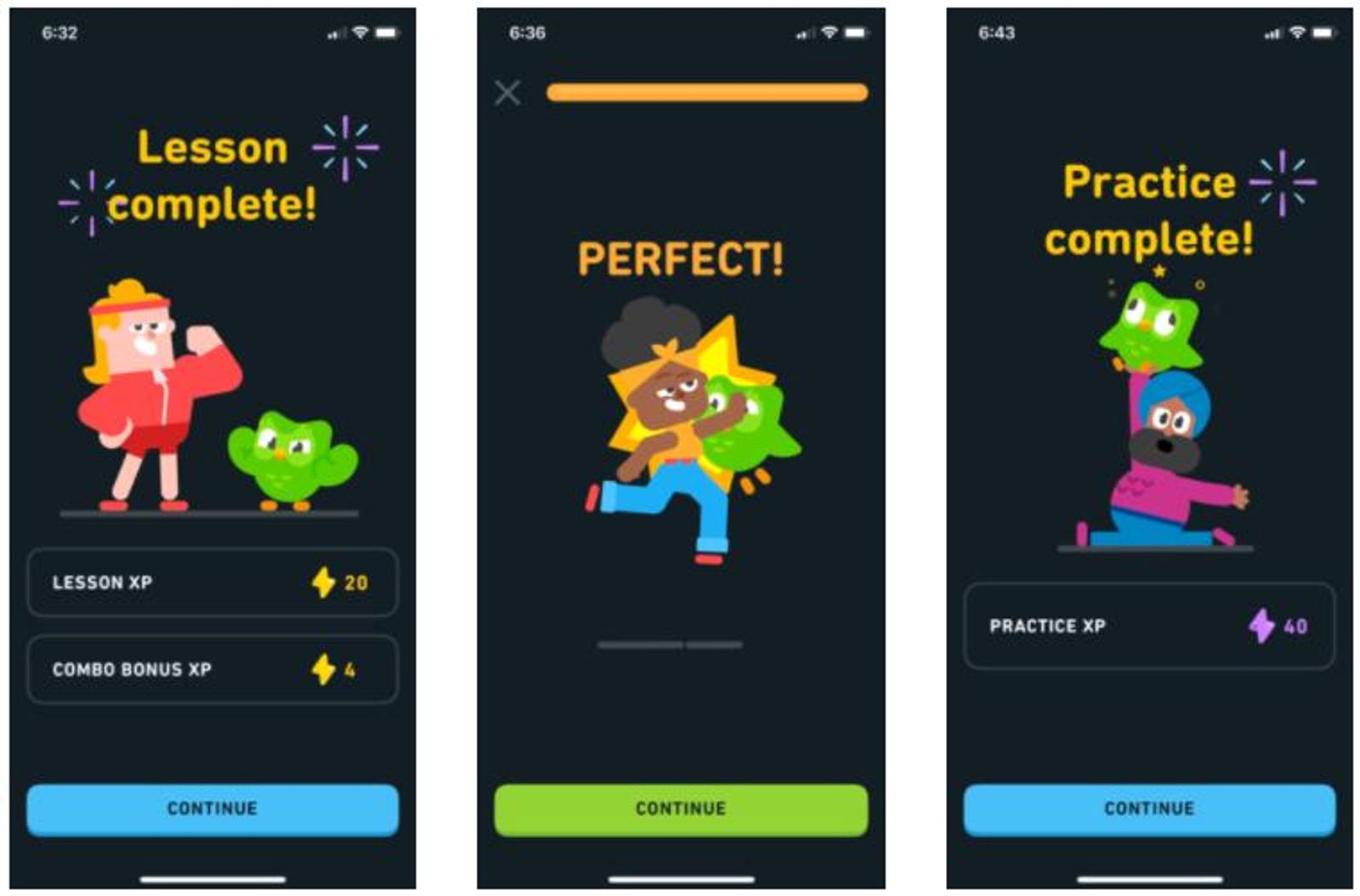 Duolingo completion screens showing reward micro-interactions after lesson completion