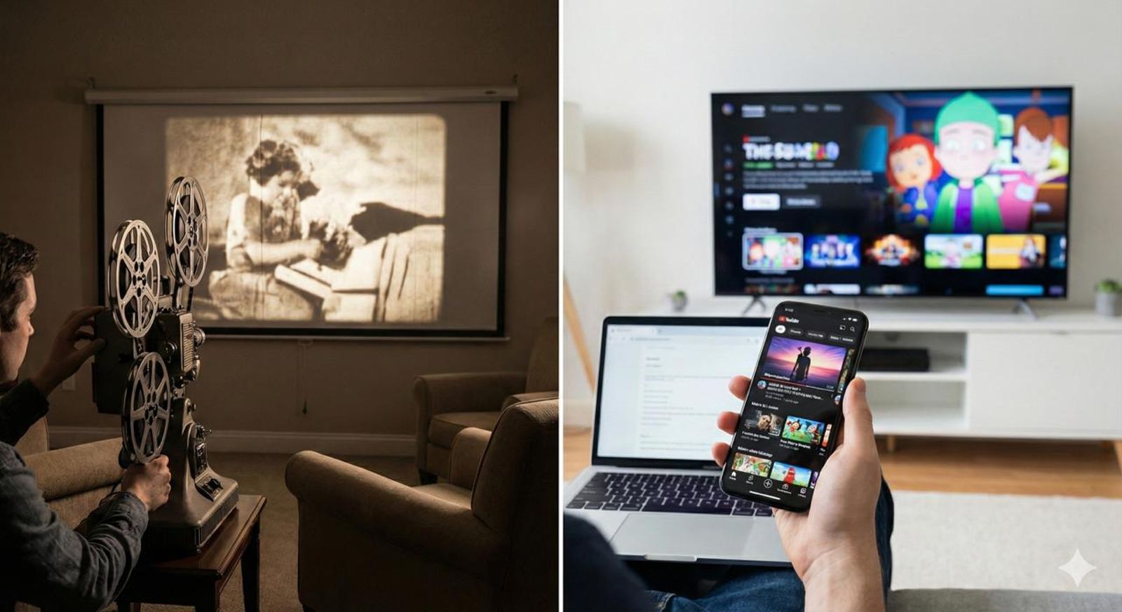 Left: Person using vintage film projector in cozy room. Right: Person holding smartphone, laptop open, TV displaying colorful animations.
