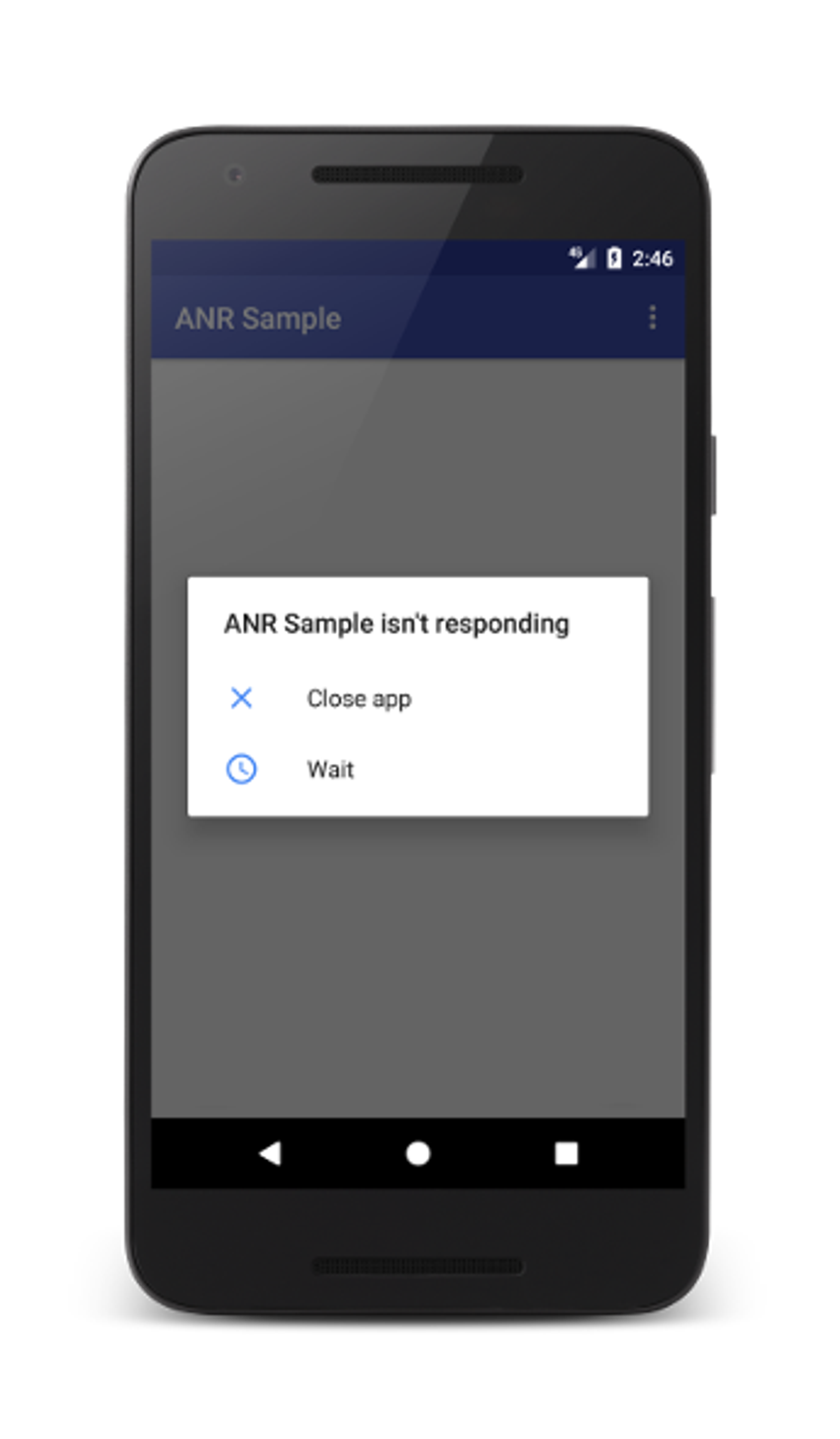 Smartphone displays app error message "ANR Sample isn't responding" with options to "Close app" or "Wait" against a gray background.