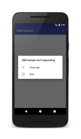 Smartphone displays app error message "ANR Sample isn't responding" with options to "Close app" or "Wait" against a gray background.