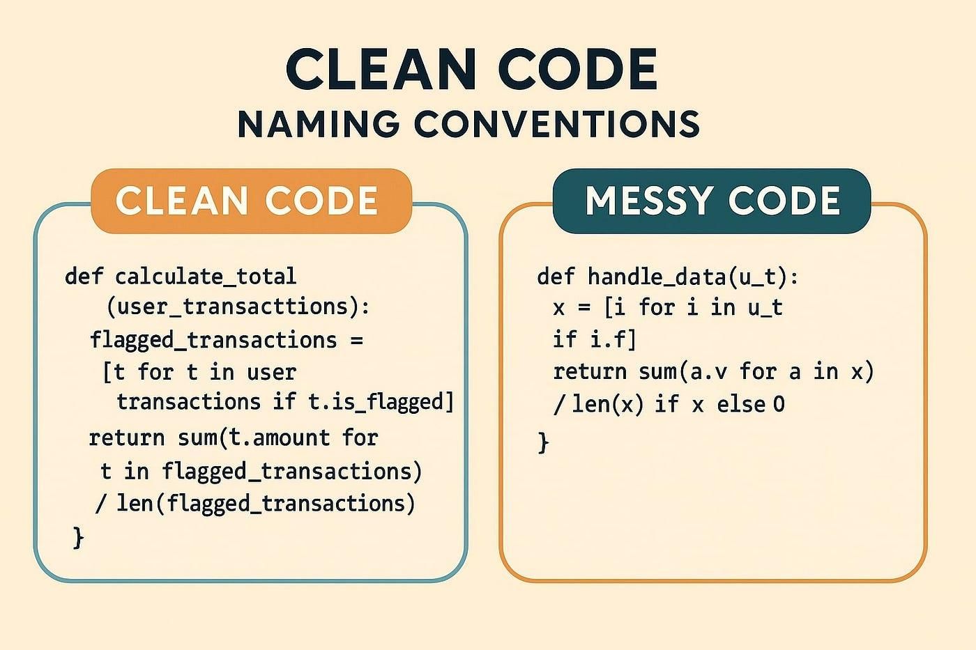 Comparison of "Clean Code" and "Messy Code" naming conventions with Python code examples on a beige background.