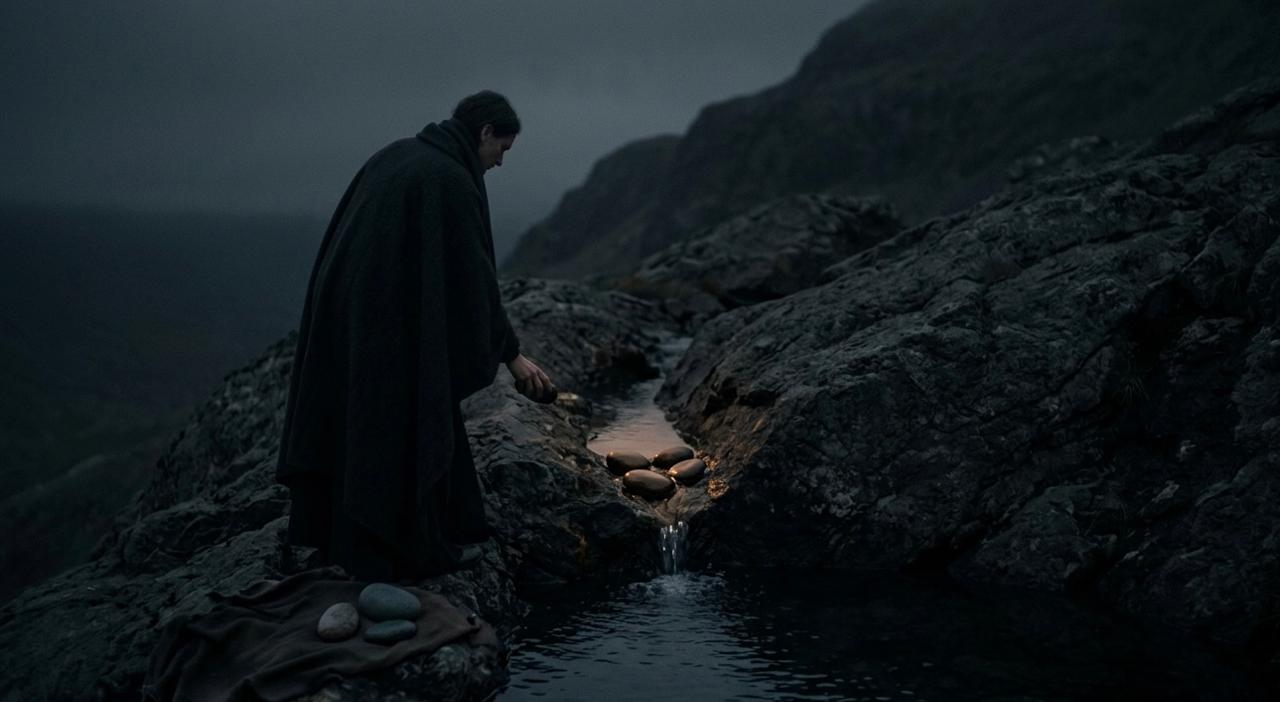 A person placing stones in a small stream flowing through a rocky landscape