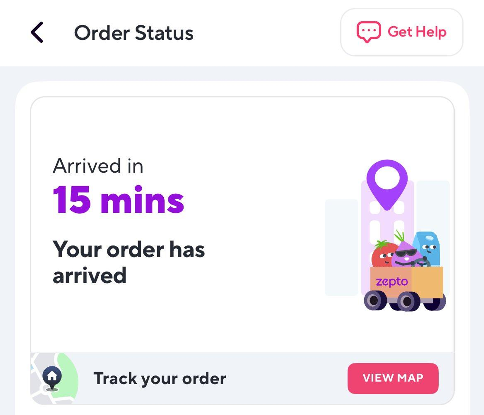 Zepto live order tracking interface showing delivery progress.