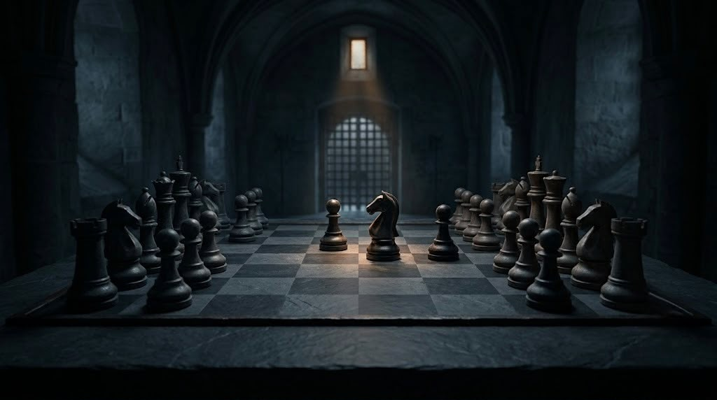 A dark, minimalist scene showing a glowing, arched doorway with a shadowy figure standing inside, partially reflected on a glossy floor, creating a mysterious and atmospheric mood.