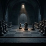 A dark, minimalist scene showing a glowing, arched doorway with a shadowy figure standing inside, partially reflected on a glossy floor, creating a mysterious and atmospheric mood.
