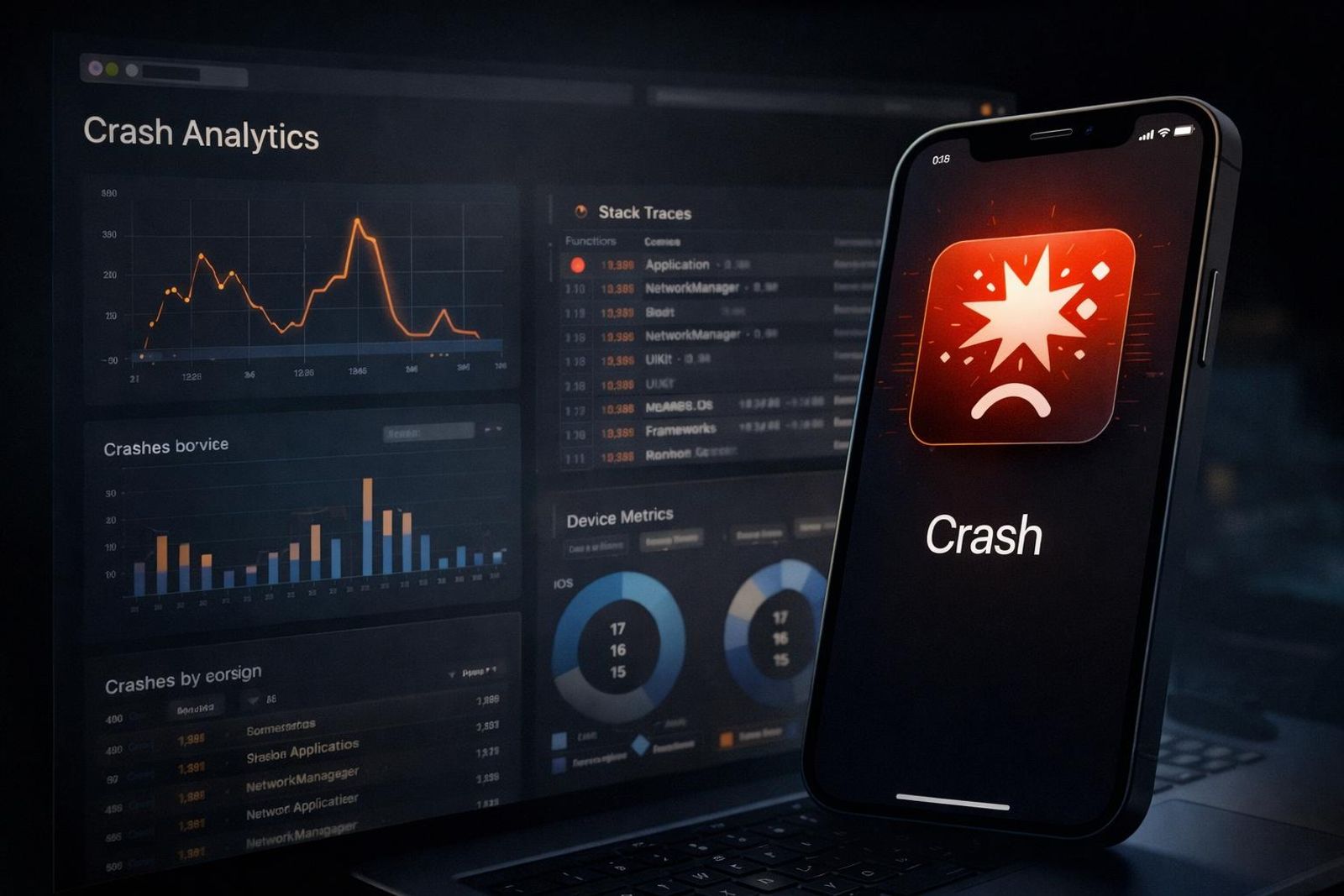 Mobile app crash analytics dashboard displaying error data and crash reports