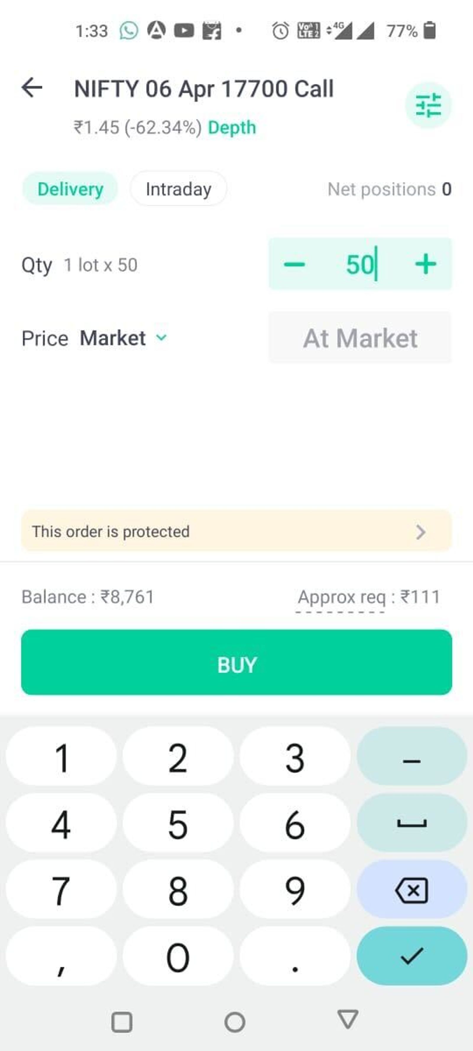 “Mobile trading app order screen for a NIFTY 17700 call option, showing quantity selection, market price, available balance, required margin, and a buy button.”