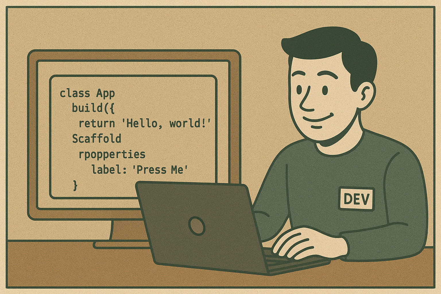 A person labeled "DEV" works on a laptop. A monitor displays code with "Hello, world!" Brown and green tones create a retro vibe.