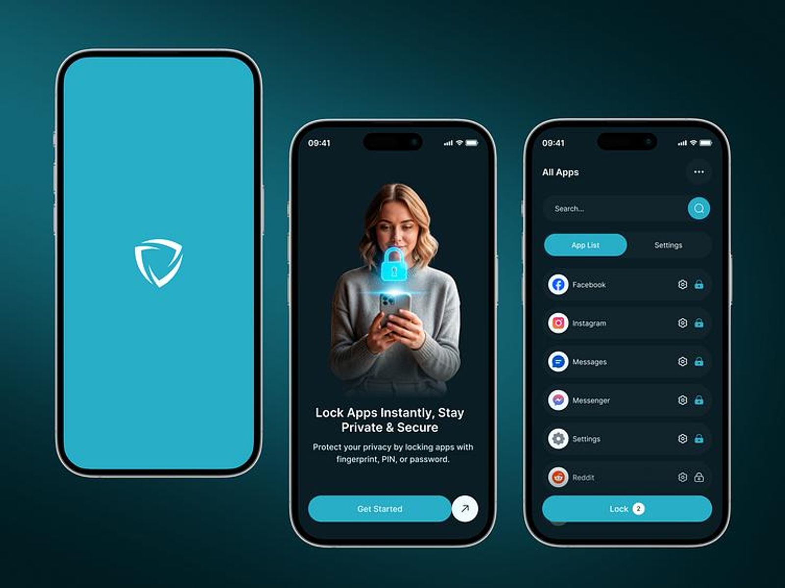 Mobile app screens showing locked app access and privacy feature gating requiring user action to proceed.