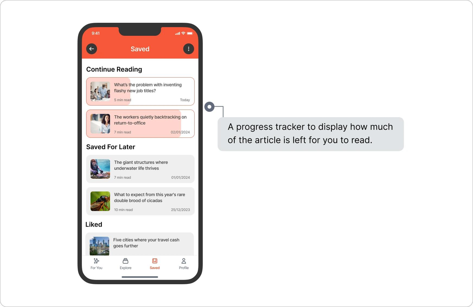 Mobile reading app showing article progress and engagement-focused interface elements.