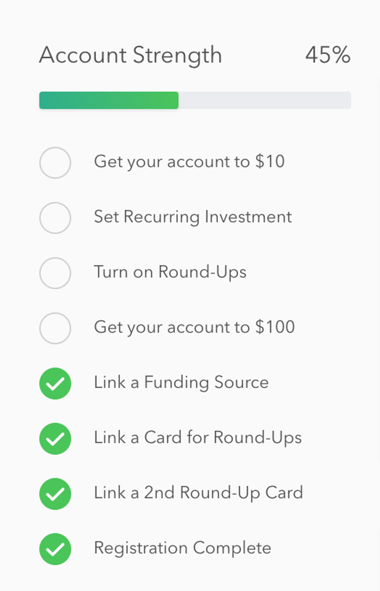 Progress checklist showing account strength at 45%. Tasks include funding and card linking. Completed tasks marked with green checkmarks.