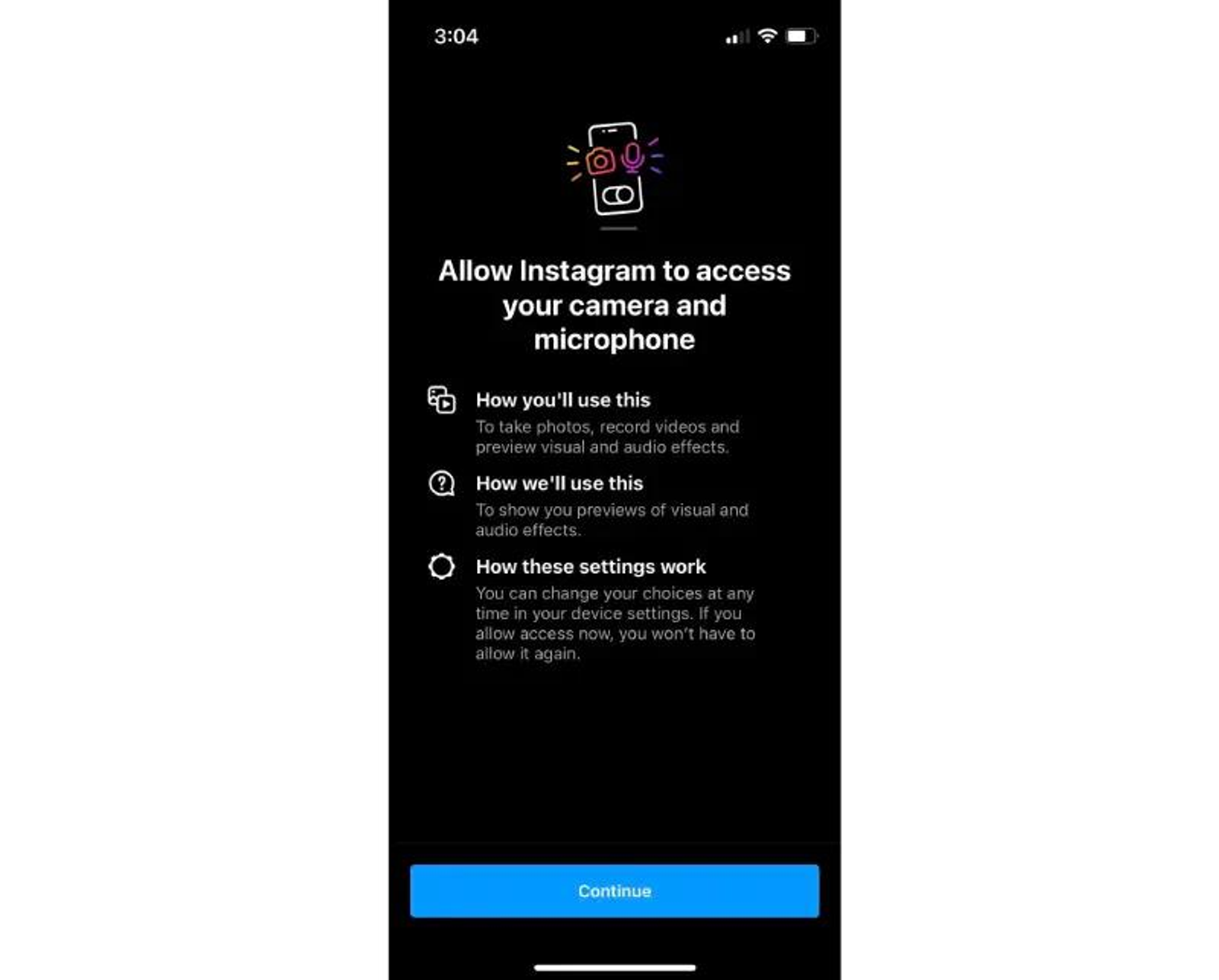 Contextual camera permission request shown after user action