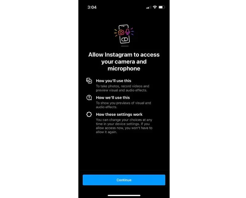 Contextual camera permission request shown after user action