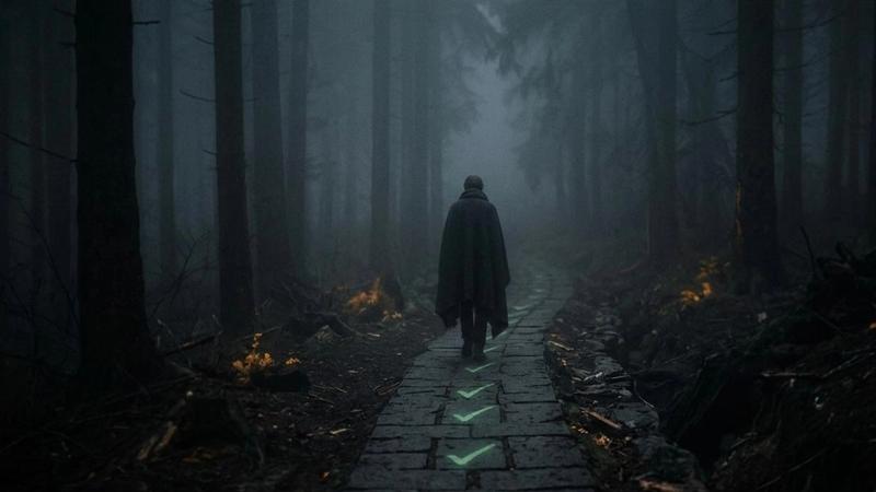 Developer walking through a dark uncertain path representing hidden software risks beyond test coverage metrics