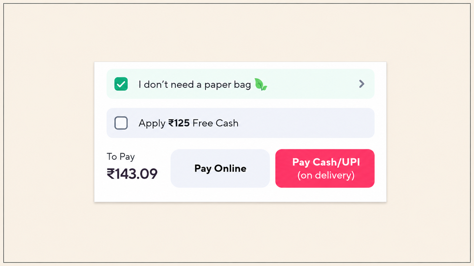 Zepto shopping cart displaying order summary, delivery estimate, and checkout button.