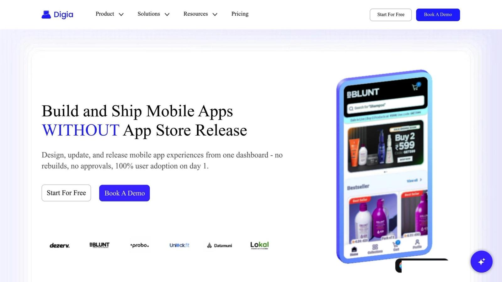 Website header for "Digia" with text: "Build and Ship Mobile Apps WITHOUT App Store Release." Blue highlights, button options, and app preview.