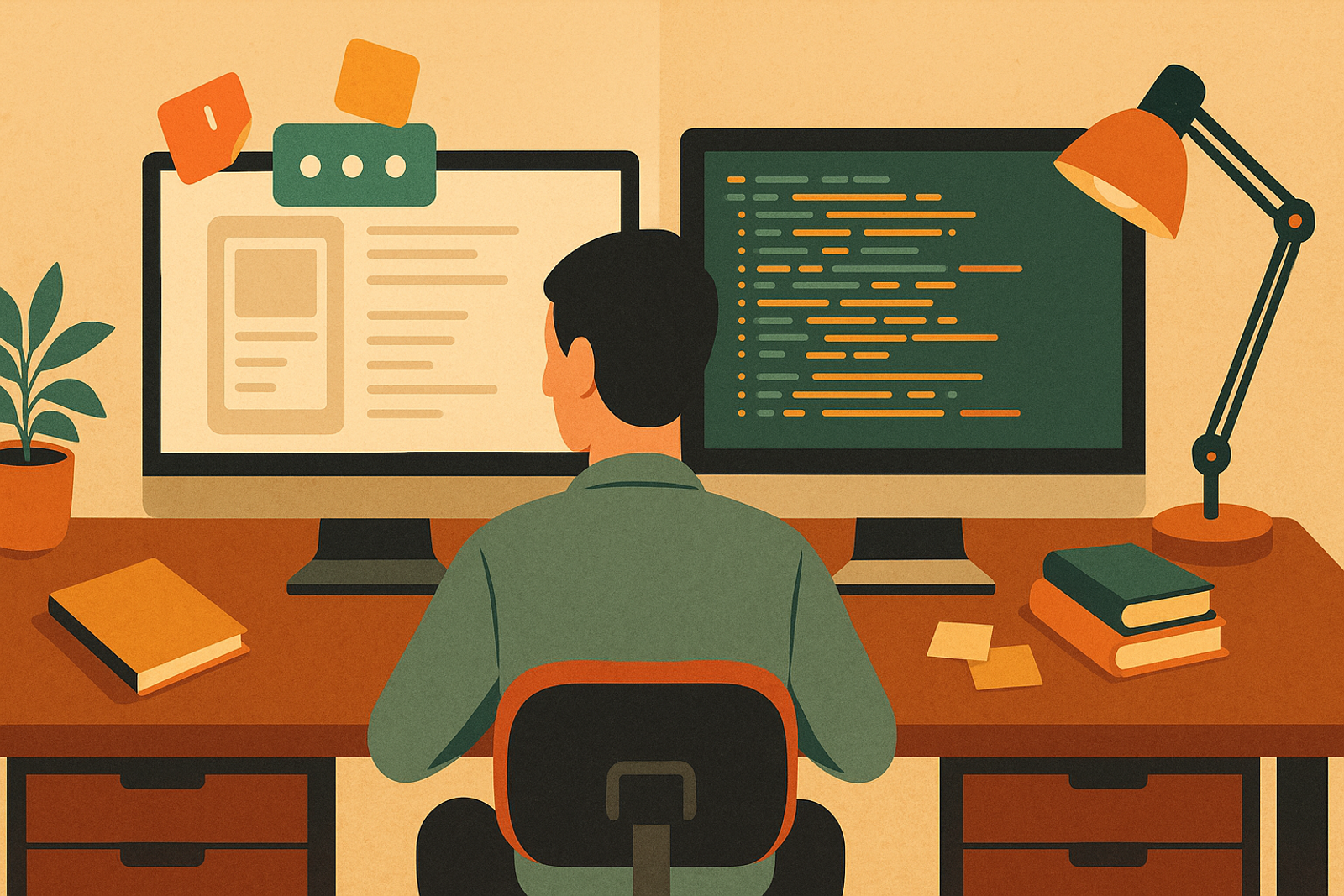 Developer at a desk with code on screen representing the choice between traditional app development and low-code platforms