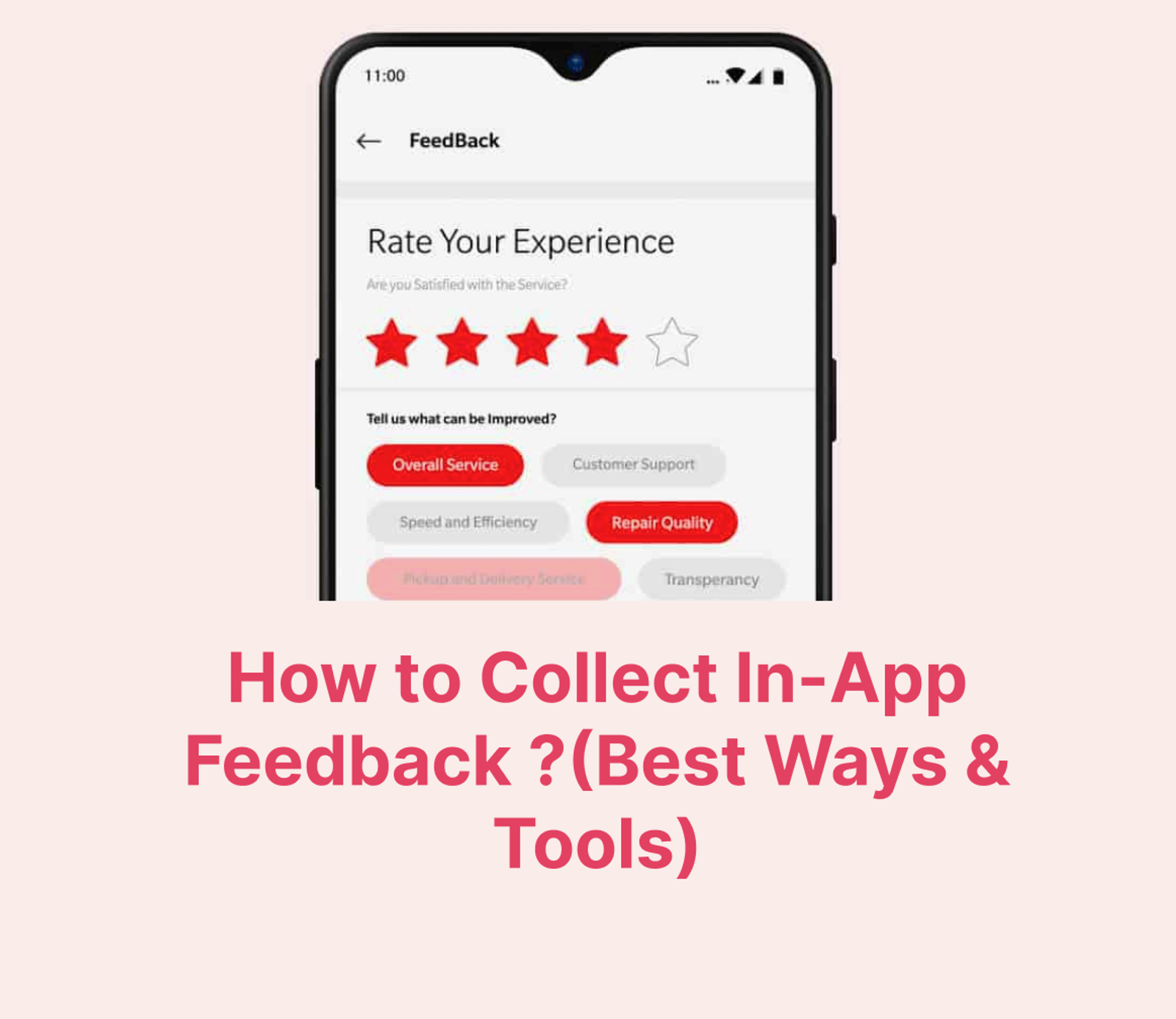 Phone screen shows a feedback form with star ratings and improvement options. Text below reads "How to Collect In-App Feedback?"