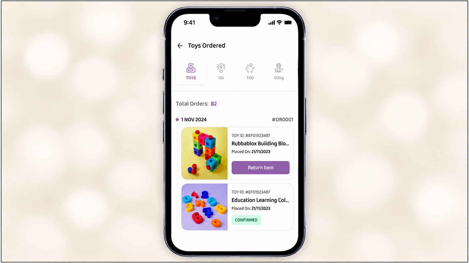 A mobile app screen titled “Toys Ordered” showing a total of 82 orders, with order statistics at the top and a list of toy orders below. The first order displays colorful building blocks with details, order number, toy ID, placement date, and a “Return Item” button.