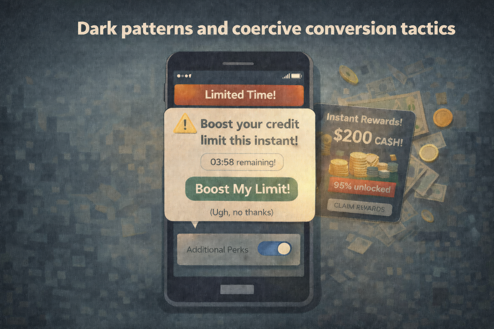 Phone screen displaying credit offer alerts with urgency and additional perks. Background shows financial rewards. Text: Dark patterns and tactics.