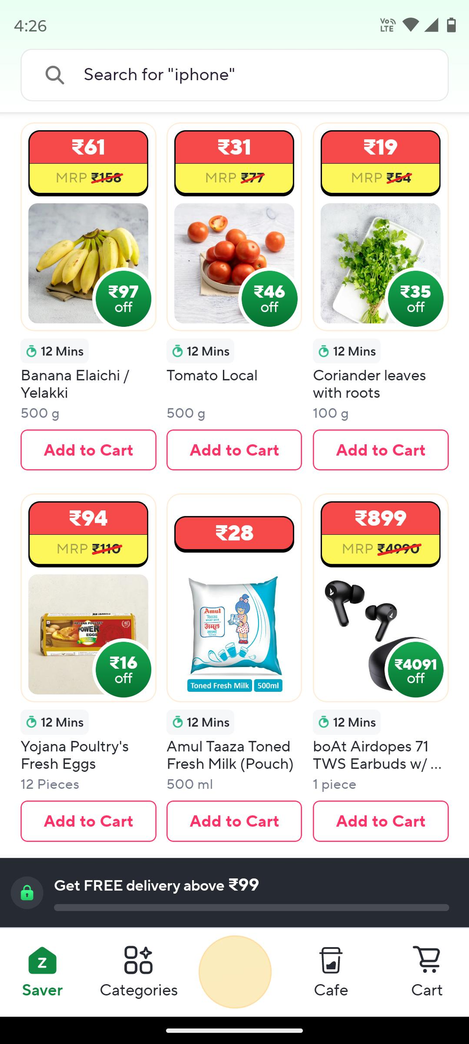 Zepto product listing screen with product cards and add-to-cart options.