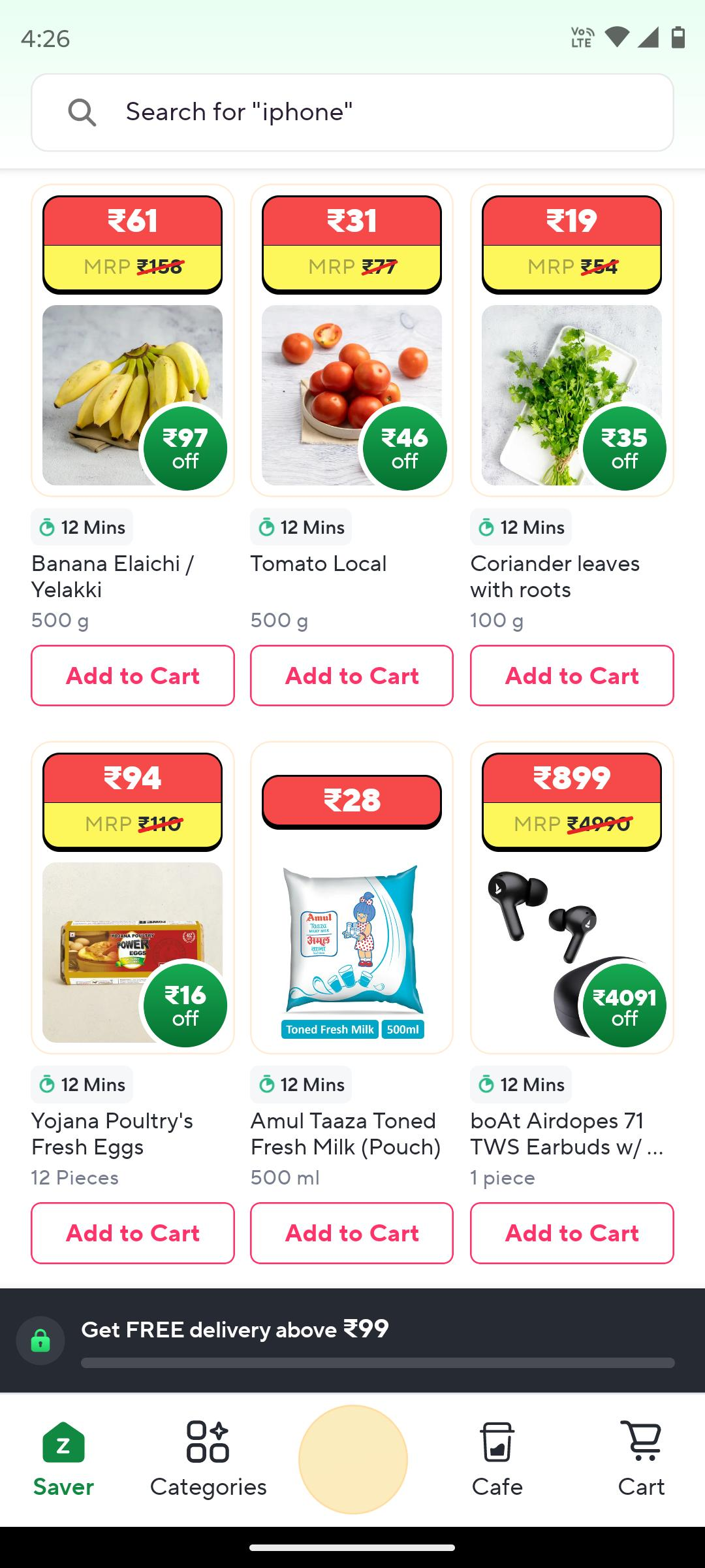 Zepto product listing screen with product cards and add-to-cart options.